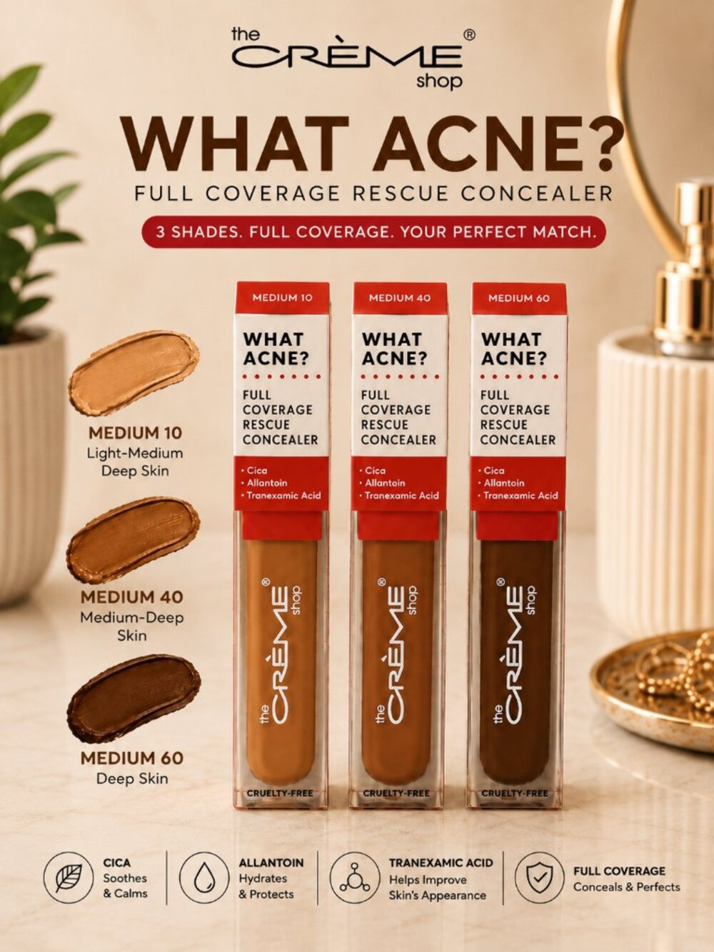 The Crème Shop What Acne? Full Coverage Rescue Concealer | Medium 10, Medium 40,